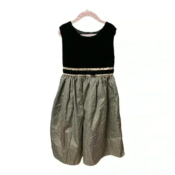 PERFECTLY DRESSED black Velvet Gold Metallic Check Plaid Taffeta dress girls 8 - Picture 1 of 9